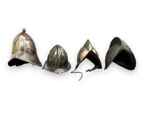 Collection of Four Reproduction Medieval Helmets. A Morion helmet made from metal. Kettle helmet made from metal. Cabasset Mo