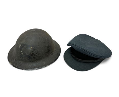 Second World War Civil Defence Steel Brodie helmet, with internals and strap. Also an R.A.F visor by Ryder &amp; Amies Cambri