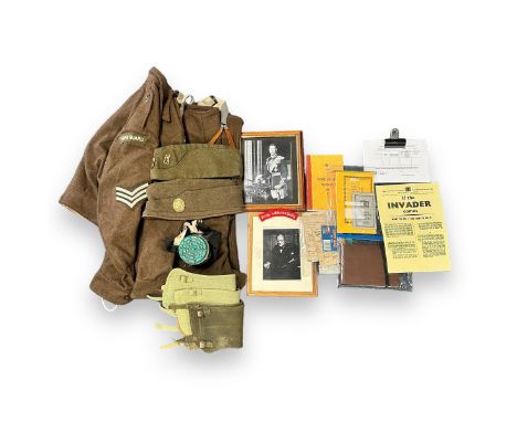 Collection of WWII Material and Reproduction Home Guard Uniform. Documents include ration book, identity card, home guard man