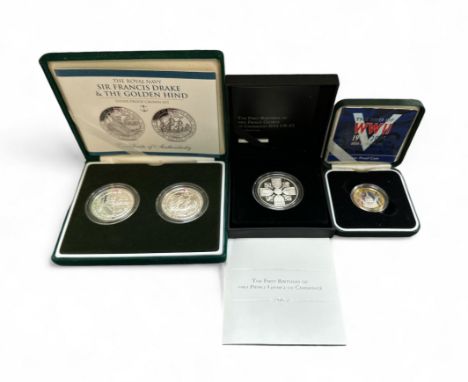 Range of boxed silver proof FDC coins (4), with GB £5 2014 Prince George First Birthday, £2 2005 WWII and Guernsey/Jersey £5 