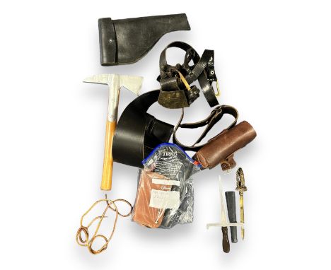 Military Uniform Accessories. Including belt with holster, belt with carry pouch. Plastic dagger with sheath, wooden imitatio