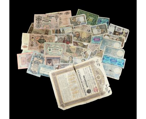 Collection of banknotes (45+), mainly France (29) and Russia (16), also share certificate.
