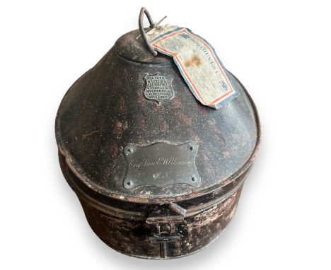 Second World War Tropical Pith Helmet tin (empty) named to Lieut E Williamson. With makers name for Gieve Matthews & Seagrove