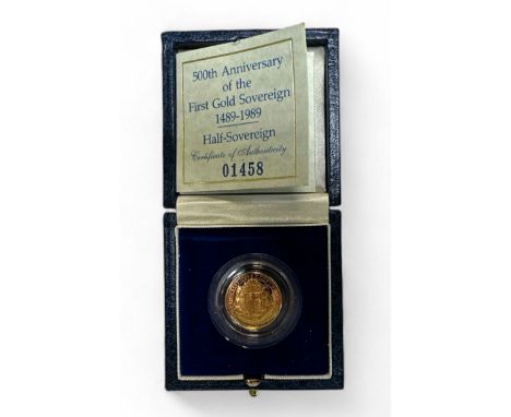1989 "500th Anniversary of the First Gold Sovereign" half sovereign boxed proof FDC, with Royal Mint certificate. The proceed