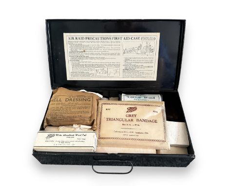 Second World War / WWII ARP Wardens First Aid Case by Boots Pure Drug Co Ltd, containing a quantity of vintage medical suppli