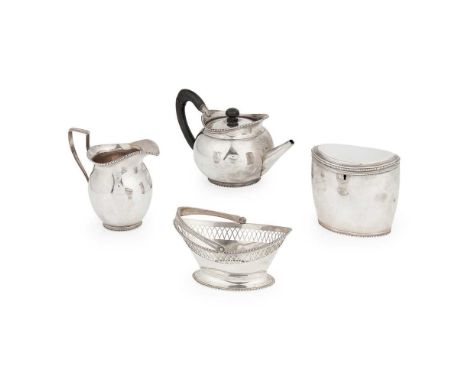 all with retailer's mark of Willem Diemont, comprising teapot, milk jug and oval tea caddy and a swing handled sugar basket, 