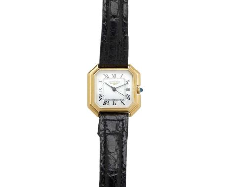case marked 18K, signed Longines 17 jewel manual wind movement, octagonal white dial with Roman numerals in black, inner rail