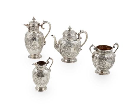 Edward & Sons, Glasgow 1899, comprising teapot, hot water pot, cream jug, and twin handled sugar basin, each of baluster form