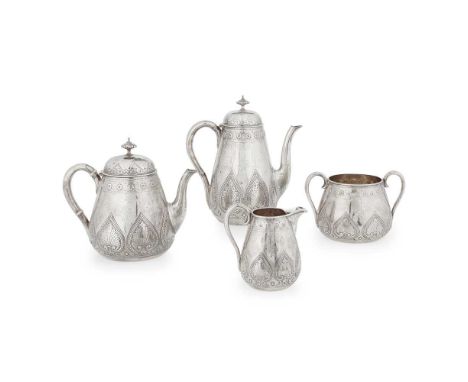 The Barnards, London 1869/70, comprising coffee pot, teapot, twin handled sugar basin, and milk jug, all of pear form with ch