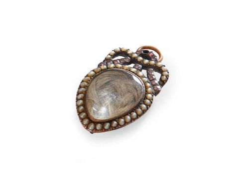the heart-shaped glazed locket containing a pleated lock of hair, the seed pearl set border with pearl and ruby set intertwin
