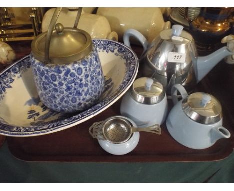 A Tray of Blue and White Ware to Include Biscuit Barrel, Bowl, Chrome and Ceramic Four Piece Tea Service Etc. 