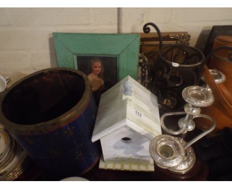 A Tray of Sundries to Include Painted Wooden Planter, Wrought Iron Stand, Photo Frame and Prints, Bird House Etc. 