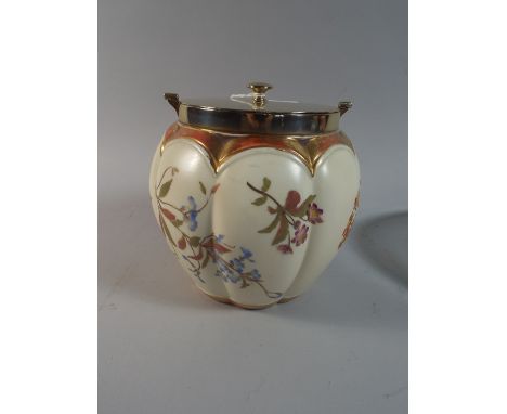 A Lobed Royal Worcester Biscuit Barrel Decorated with Flowers, Shape Number 1412 with Silver Plated Top.