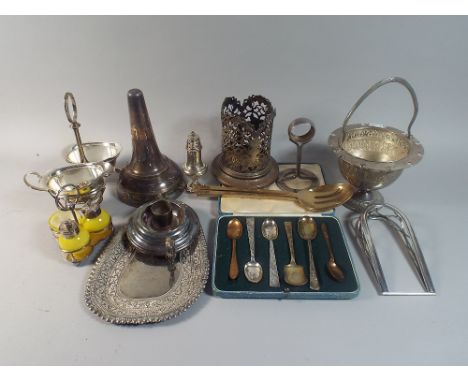 A Tray of Various Silver Plated Items to Include Bed Chamber Stick, Bottle Coaster, Door Stop, Cruet Set, Pepper Pot, Epergne