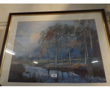 A Framed Print After Heaton Cooper Depicting River Meadow with Cattle and Silver Birch Trees.
