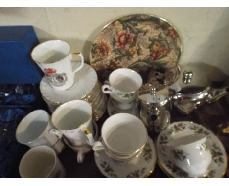 A Tray of Tea Wares, Commemorative Wares, Stainless Steel Tea Service Etc. 