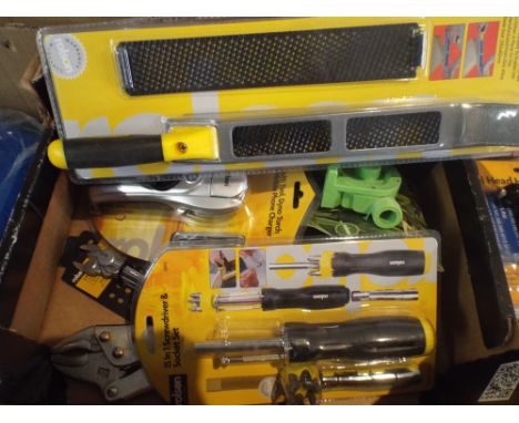 A Box of Various Hand Tools Including Rasp, Third Hand, Screwdriver Socket Set, Magnifier Etc (Plus VAT).