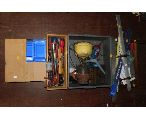 Tools and tool storage, including rasps, files, set square, tin bins, screwdrivers, tilly lamp, etc. (1 shelf)