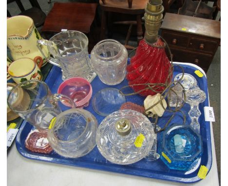 Glassware, including Vaseline glass ribbed pin dish, red glass lamp, dressing table jars, etc. (1 tray)