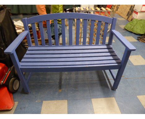 A Blue Painted Wooden Garden Seat, 124cm Wide