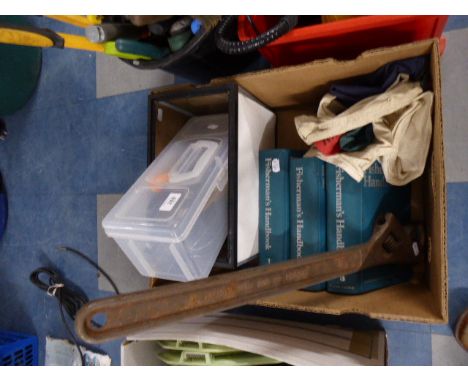 A Box Containing Fisherman's Handbooks, Stilson Spanner, Kitchen Ware, Fish tank Etc 