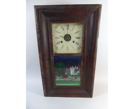 An American Wall Clock with Stained Glass Pendulum Box Depicting Horse and Carriage Arriving at Grand House, Eight Day Alarme