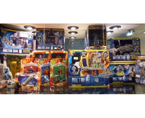 A Large Collection of Boxed Doctor Who Play Sets and Figures, Crystal Lab and Screw Driver Projector, Mobile Device APP Game