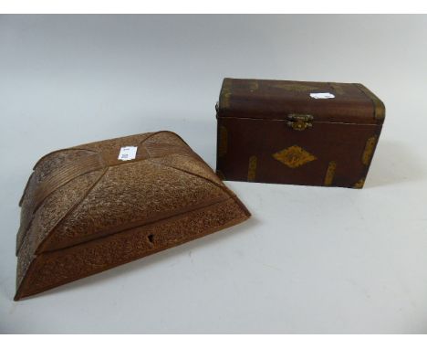 A Carved Wooden Box with Hinged Lid Inscribed To Auntie Alice with Love From Bill, India 1947 and a Brass Mounted Mahogany Ch