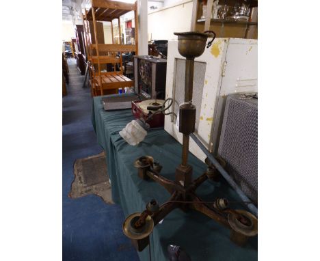 A Vintage Wooden Four Branch Ceiling Chandelier and a Gas Light