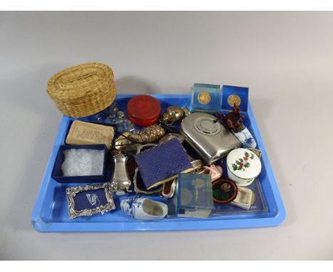 A Tray of Curios to Include Silver Plated Cruet, Table Lighter, Ceramic, Photo frames Etc 