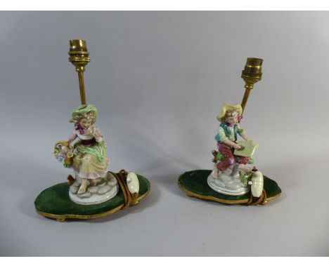 A Pair of 1950's Figural Ceramic Table Lamps on Oval Bases Decorated with Children, Each 26cm High