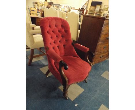 A 19th Century Mahogany Framed Button Upholstered Ladies Armchair with Scrolled Arms 