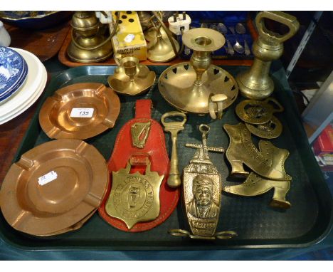 A Tray of Copper Brass Wares to Include Dutch Spill Vase, Bedchamber Stick, Bell Weight, Horse Brasses Etc 