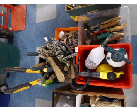 Four Boxes of Garden Tools, Mole Traps, Cutlery Etc