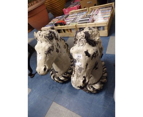 A Pair of Reconstituted Stone Horses Head Gate Finial, Each 48cm high both Ears AF