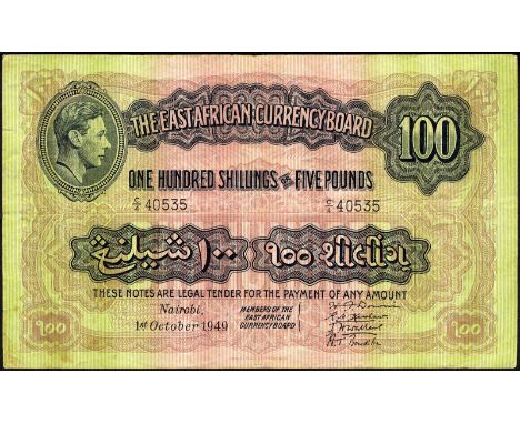 East Africa, P 31a, East Africa Currency Board, 100 Shillings = 5 Pounds, 1 October 1949. Portrait of King George VI at upper