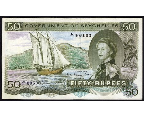 Seychelles, P 17a, Government of Seychelles, 50 Rupees, 1 January 1968. Sailboat at left, portrait of Queen Elizabeth II at r