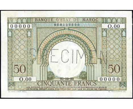 Morocco, P 44s, Banque d'État du Maroc, 50 Francs, 00-00-00 (1949), SPECIMEN. Arch at center on front. Arch at left and right