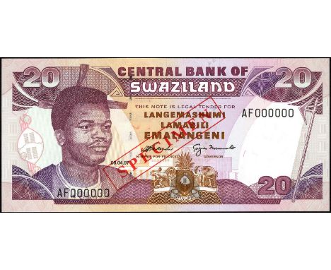 Swaziland, P 25s2, Linzmayer CBS B20bs, Central Bank of Swaziland, 20 Emalangeni, 8 April 1997, SPECIMEN. Portrait of King Ms