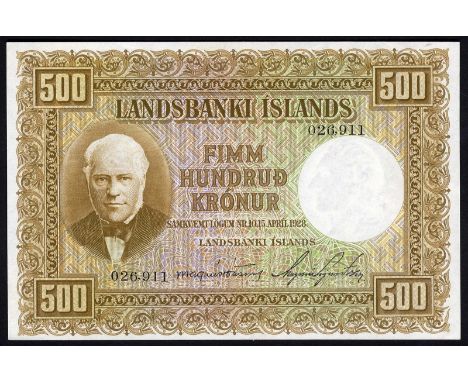 Iceland, P 36a, Landsbanki Íslands, 500 Krónur, L.1928. Portrait of J. Sigurdsson at left on front. Signatures Magnús Jónsson