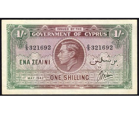 Cyprus, P 20, Government of Cyprus, 1 Shilling, 1 May 1942. Portrait of King George VI at center on front., # C/5 321692, An 