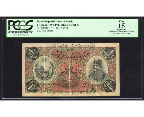 Iran, P 1b, Imperial Bank of Persia, 1 Toman, 16 December 1911. Persian coat of arms at left, black handstamp PAYABLE AT RESH