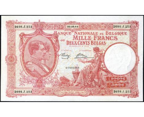 Belgium, NBBB-99, P 115, Banque Nationale de Belgique, 1,000 Francs - 200 Belgas, 23 September 1944. Portrait of King Albert 