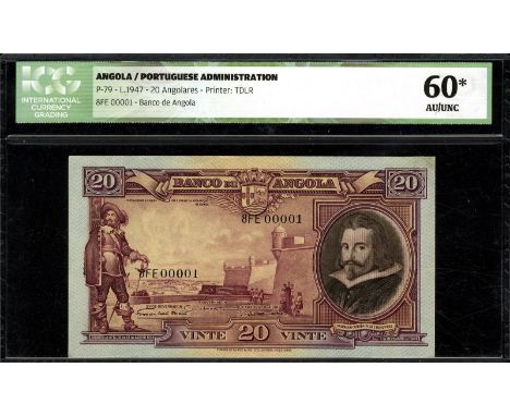 Angola, P 79, Banco de Angola, 20 Angolares, 1 December 1944. Man standing at left, fortress at center, portrait of Correia a