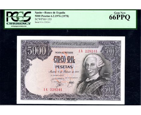 Spain, P 155, El Banco de España, 5,000 Pesetas, 6 February 1976. Portrait of King Carlos III at right on front. Museum of Pr