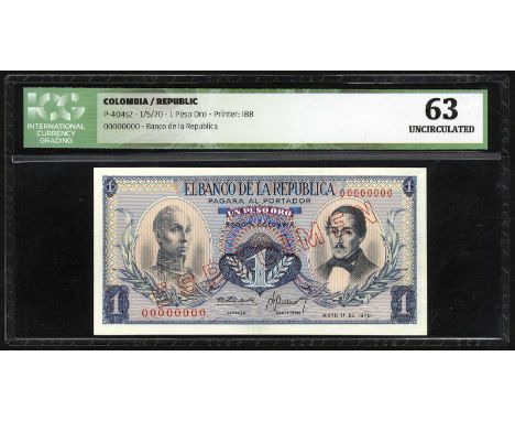 Colombia, P 404s2, El Banco de la Republica, 1 Peso Oro, 1 May, 1970, SPECIMEN. Portrait of S. Bolivar at left, portrait of G
