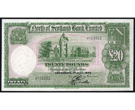 Scotland, P S646, North of Scotland Bank Limited, 20 Pounds, 1 July 1943. King's College in Aberdeen at center on front. Coat