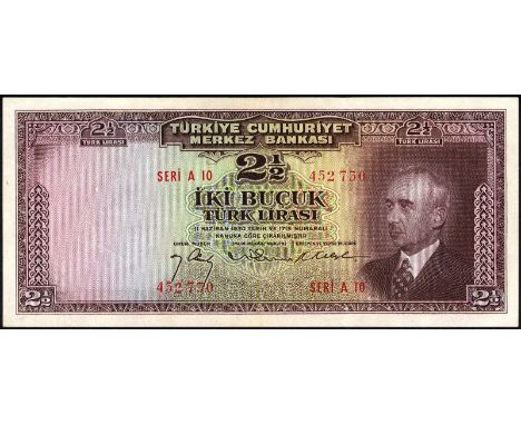 Turkey, P 140, Pulko C19, Central Bank of Turkey, 2½ Lira, L.1930 (1947). Portrait of President Inonu at right on front. Sign