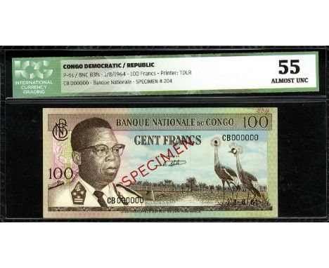 Congo Democratic Republic, P 6s, Linzmayer BNC B3S4, Banque Nationale du Congo, 100 Francs, 1 August 1964, SPECIMEN. Portrait