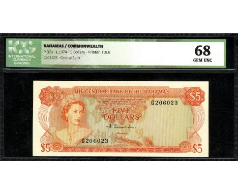 Bahamas, P 37a, Linzmayer CBB B2a, The Central Bank of the Bahamas, 5 Dollars, L.1974. Queen Elizabeth II wearing King George